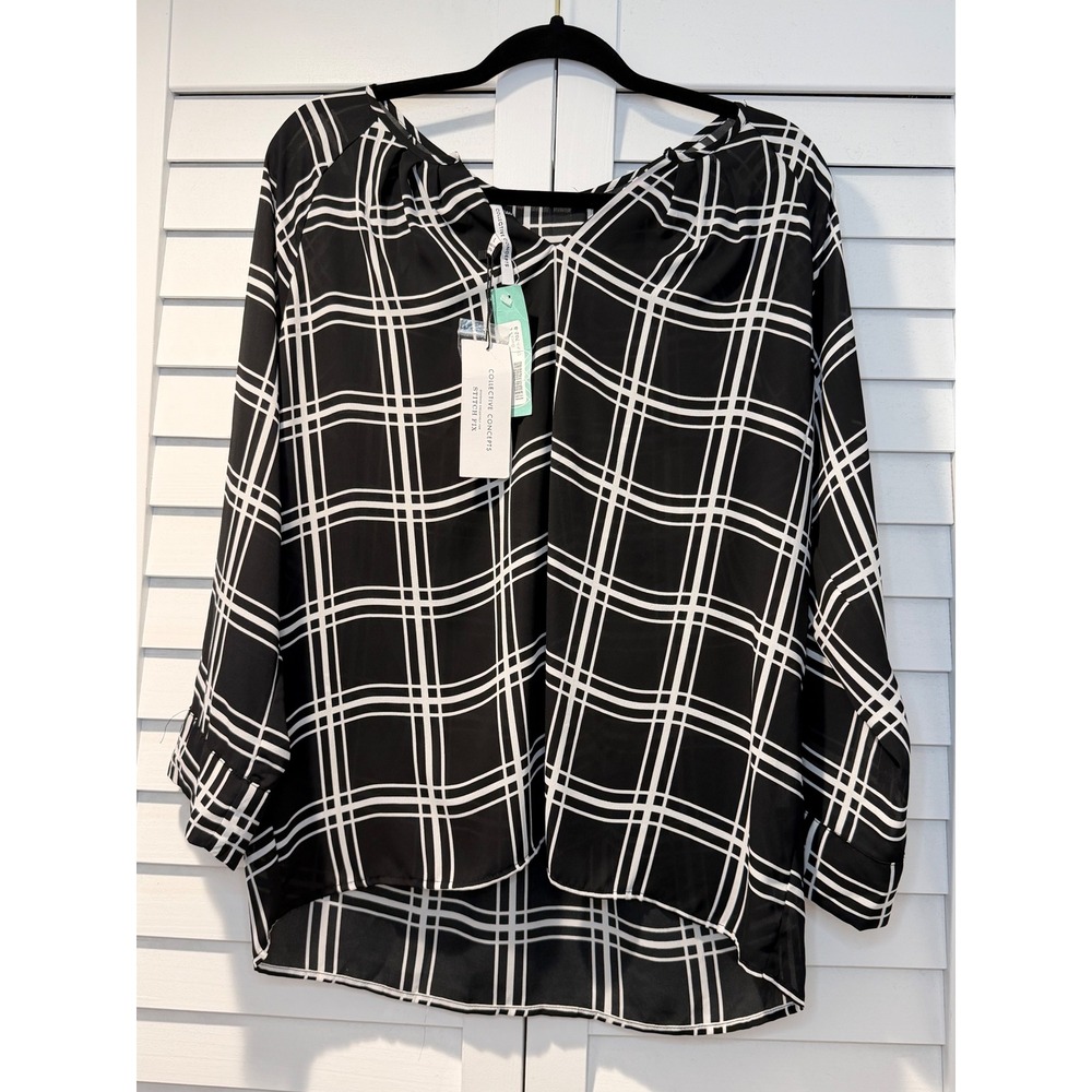 Collective Concepts Metz‎ V-Neck Blouse Black White Grid Stitch Fix L